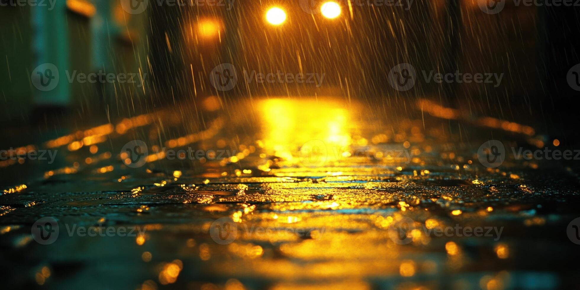 Raindrops cascade on a cobblestone pathway reflecting warm streetlight glow photo
