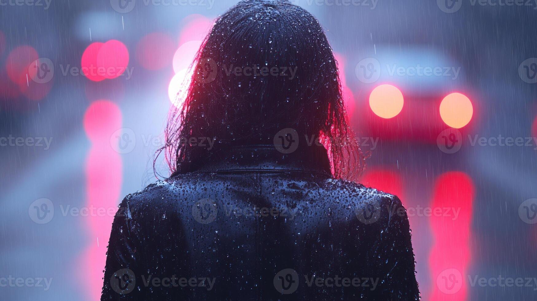 A figure in a wet jacket looks out into a rainy city street photo