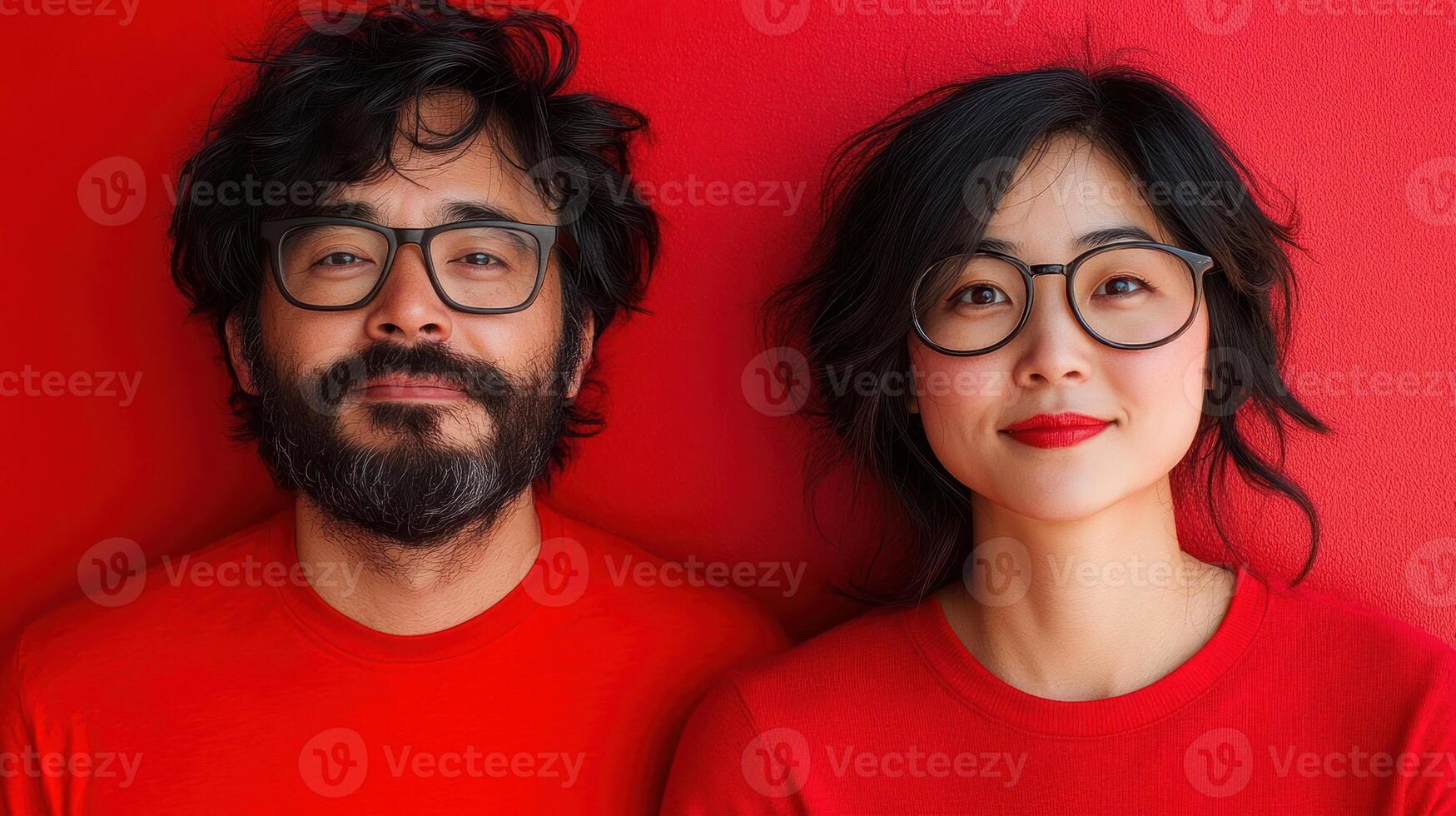 A couple smiles joyfully while dressed in red attire against a colorful backdrop photo