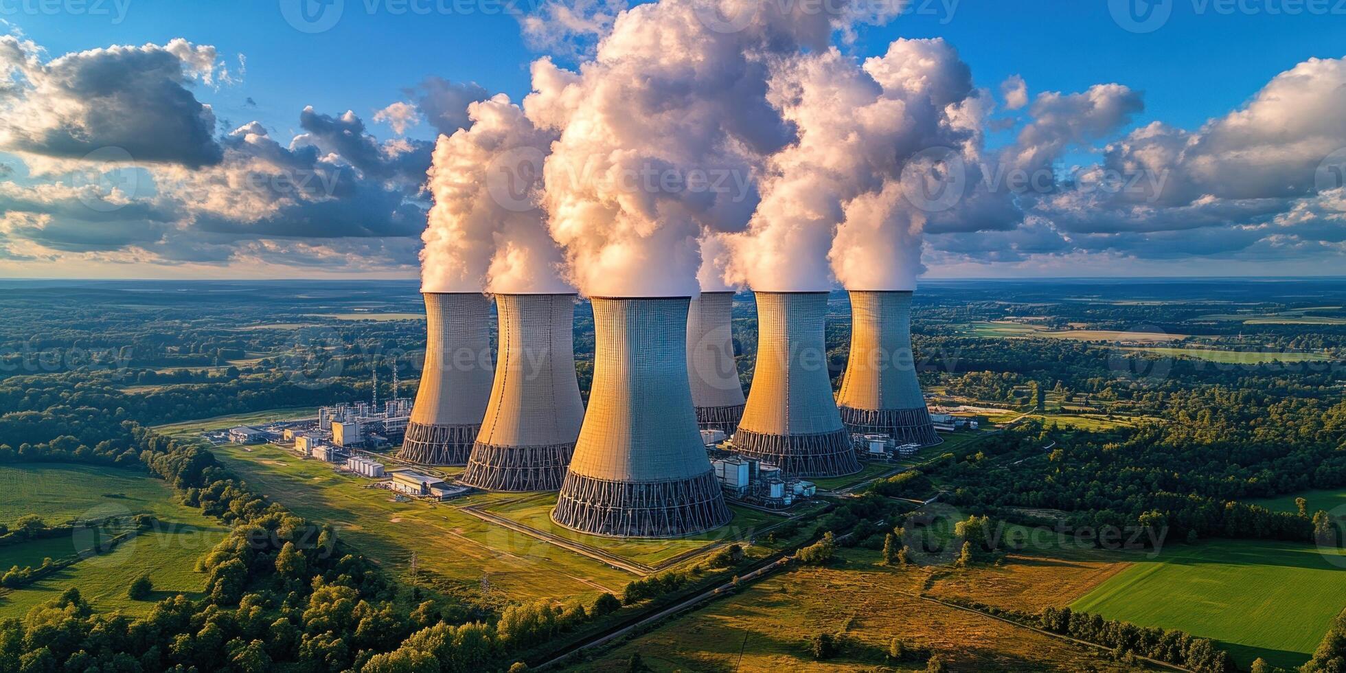 Cooling towers release steam in a lush landscape beneath a cloudy sky photo
