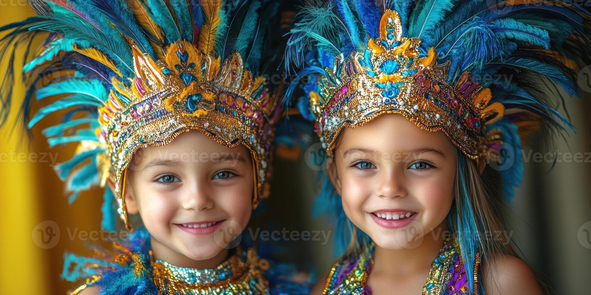 Two cheerful girls in vibrant costumes with feathers share a joyful moment together photo