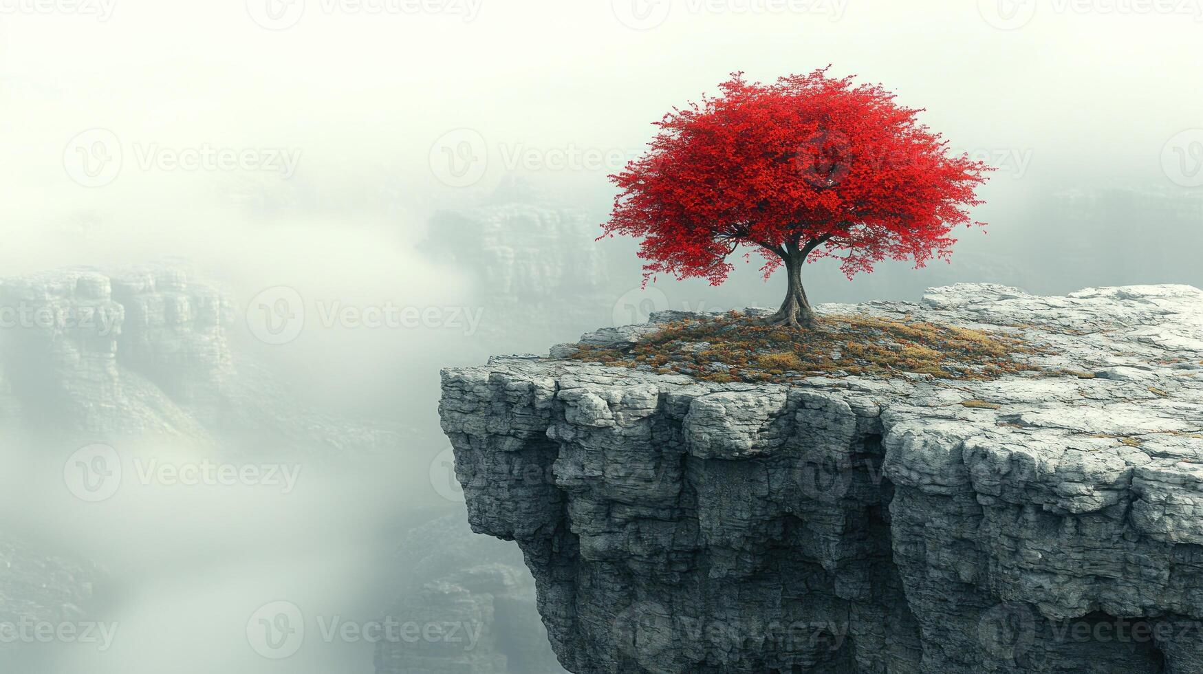 A vivid red tree grows on a rocky cliff amidst fog and distant mountains photo