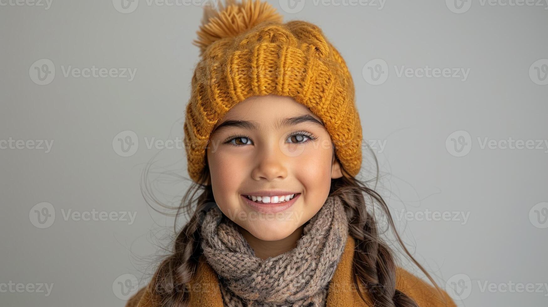 A cheerful girl wearing a warm knit hat and scarf smiles brightly at the camera photo