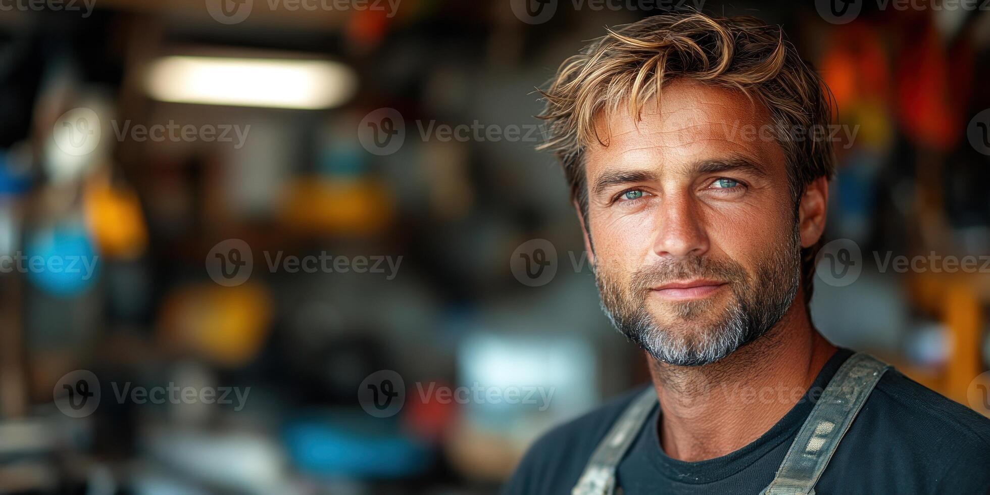 A craftsman enjoys a moment in his workshop filled with tools and materials photo