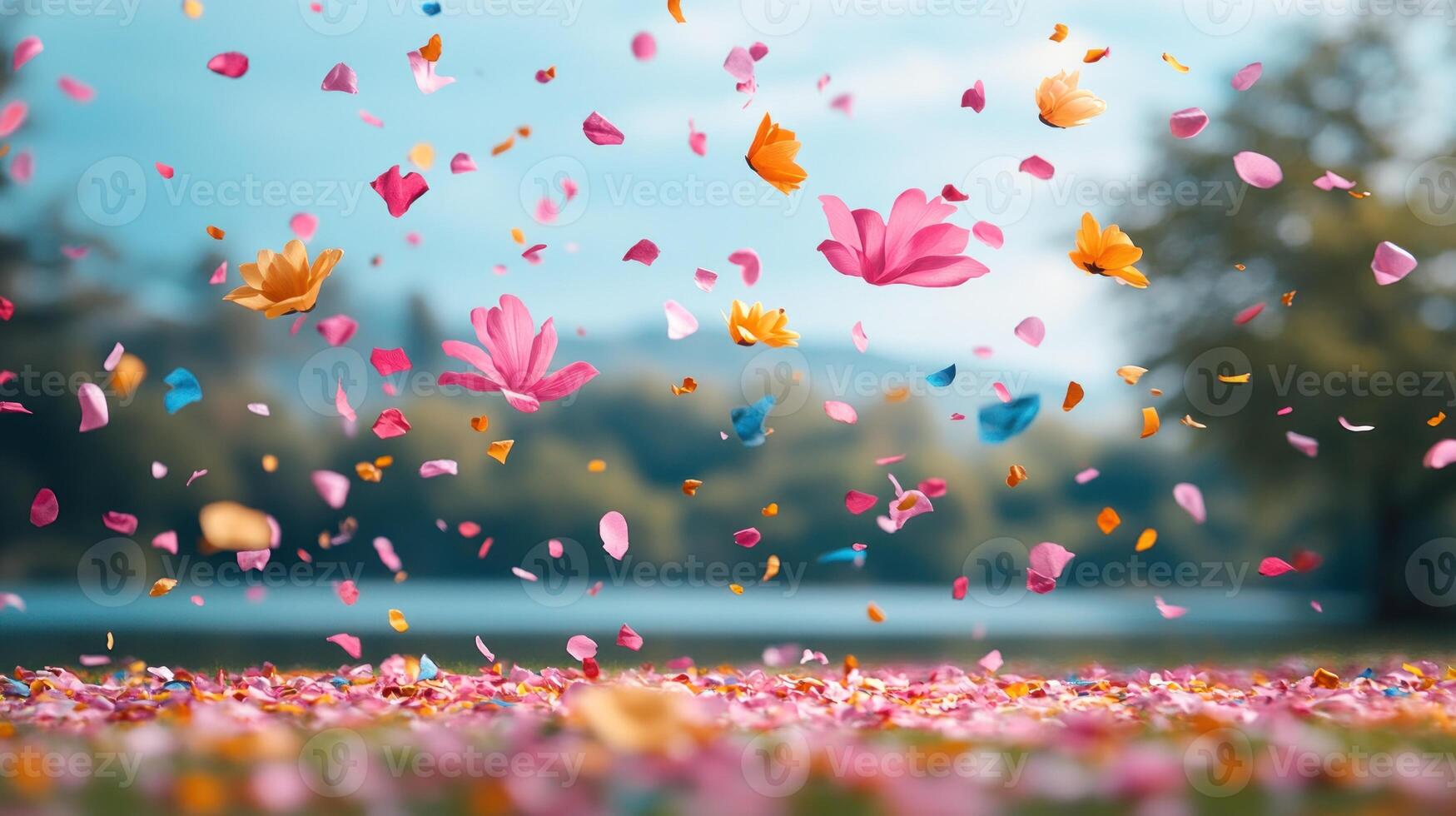 Colorful petals drift gracefully over a vibrant carpet of blossoms beside a tranquil lake photo