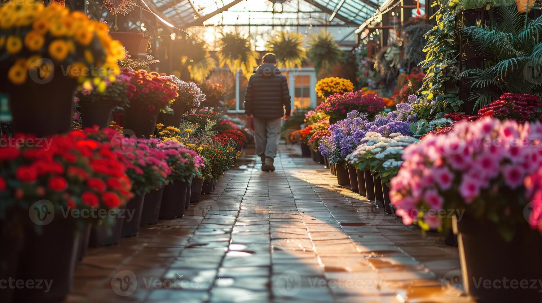 A person enjoys a leisurely walk amid vibrant flowers in a greenhouse at dusk photo
