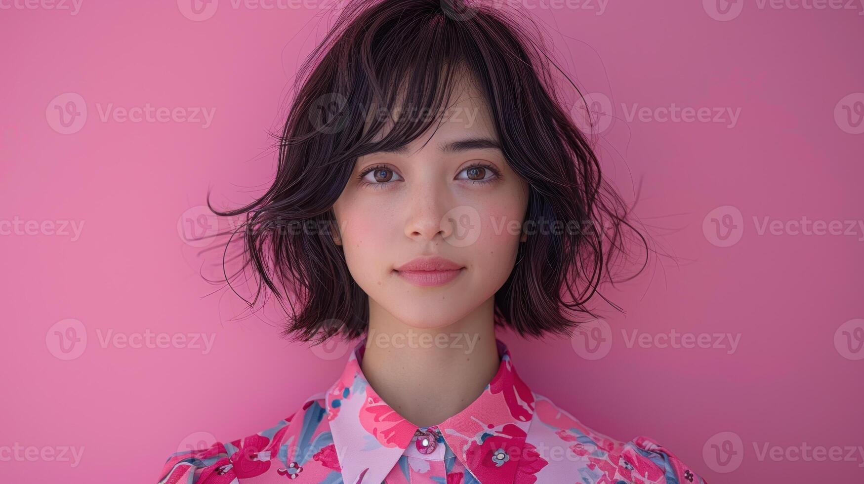 A young woman stands confidently in front of a vibrant pink backdrop photo