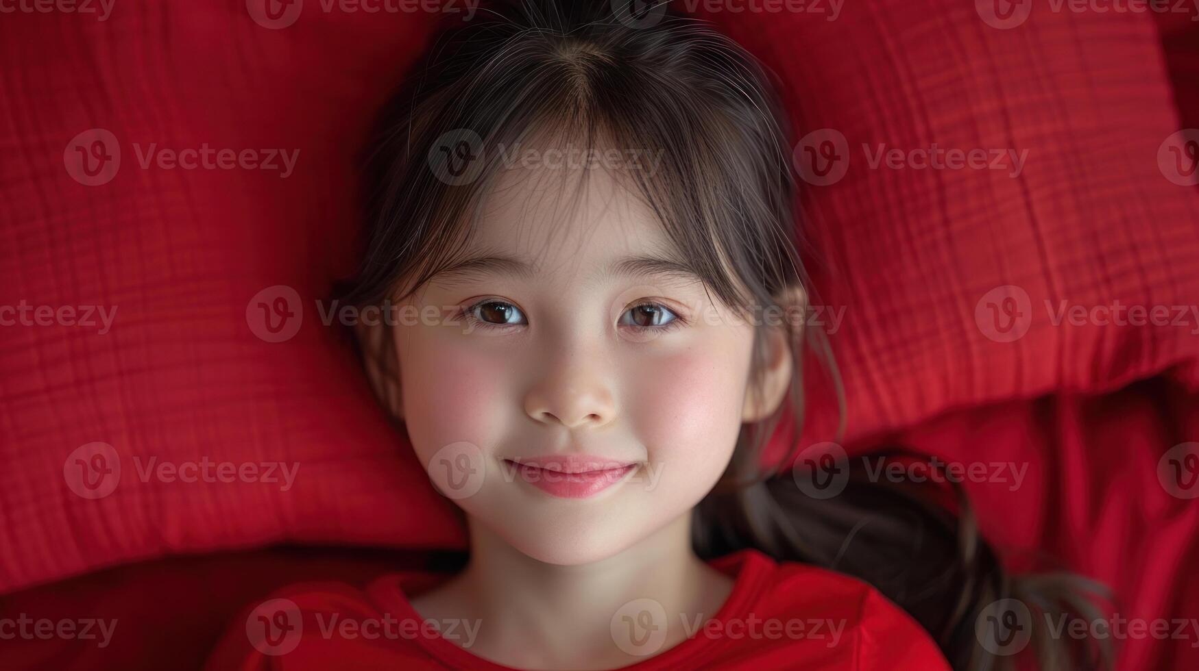 A cheerful young girl relaxes on soft red pillows, enjoying a bright and cozy atmosphere photo
