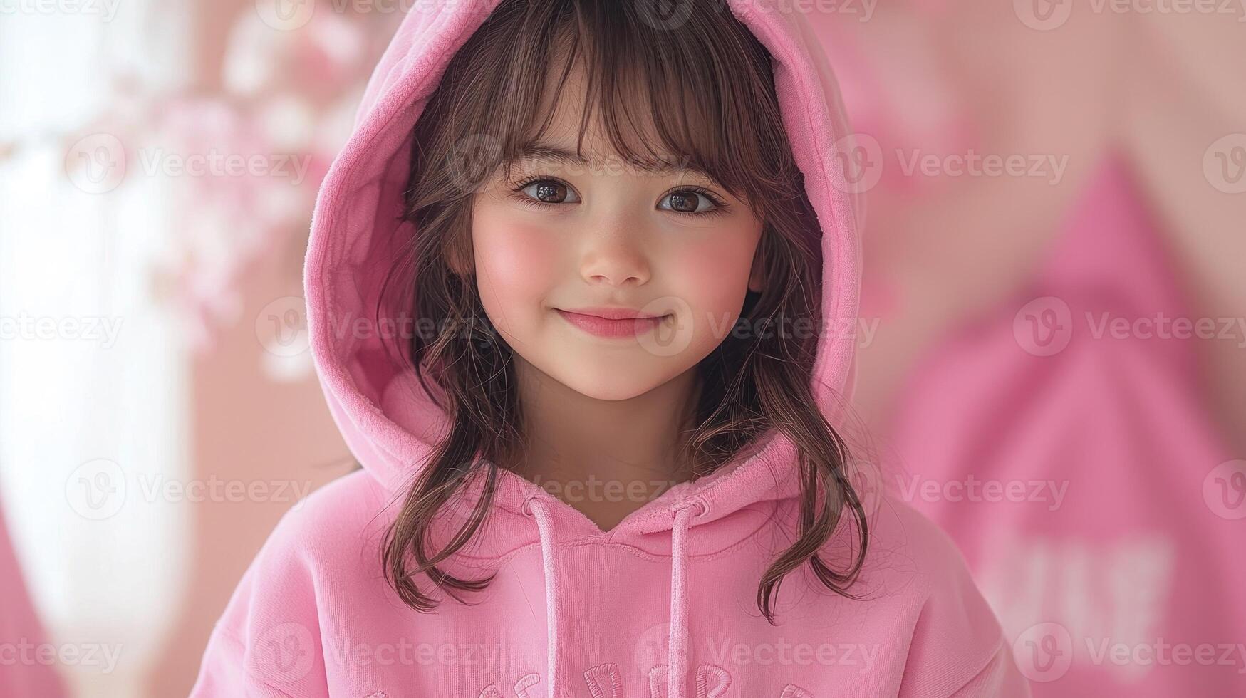 A young girl smiles warmly while dressed in a pink hoodie surrounded by pastel decor photo