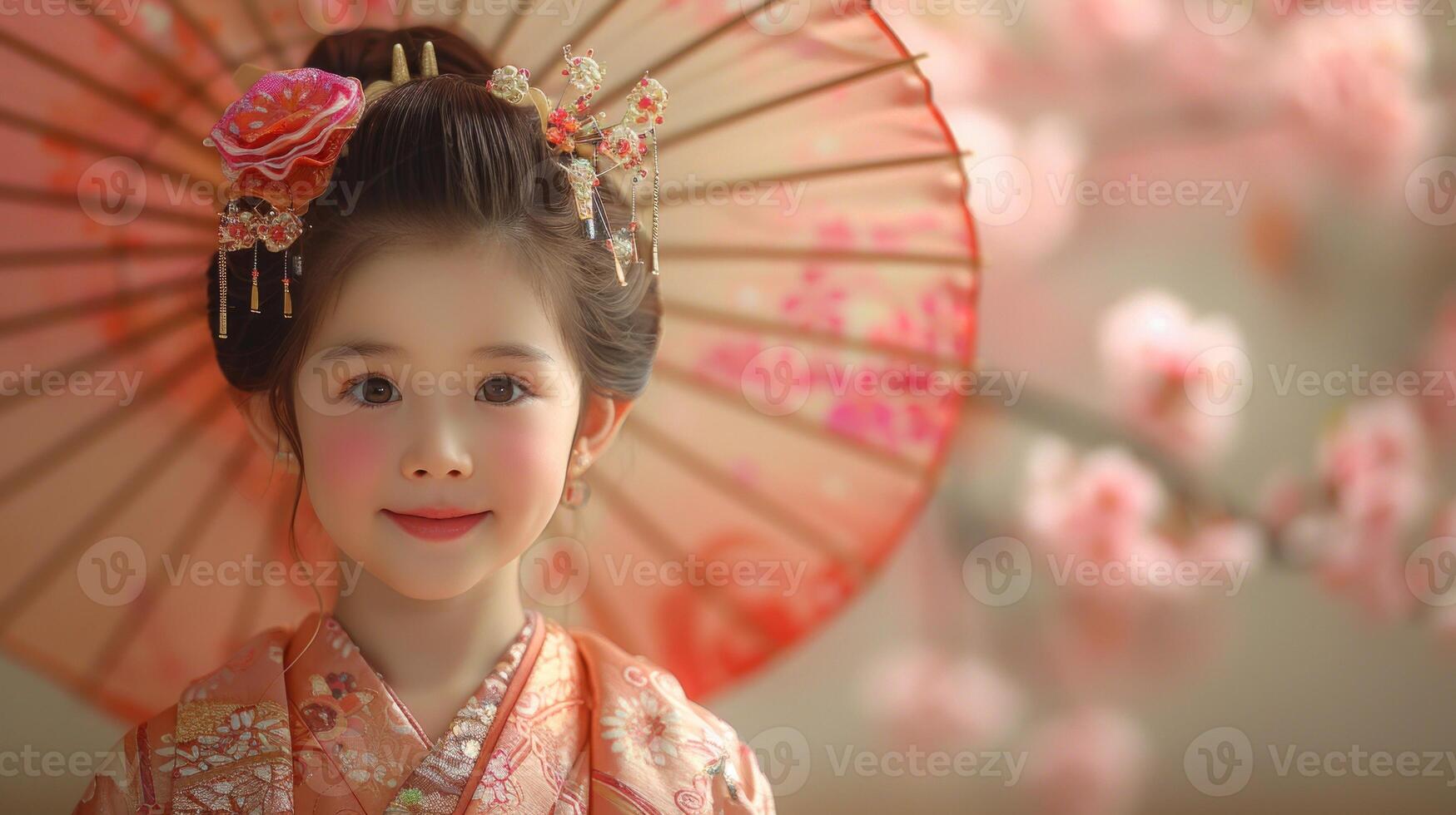 A child dressed in a kimono enjoys a spring day with cherry blossoms and a parasol photo