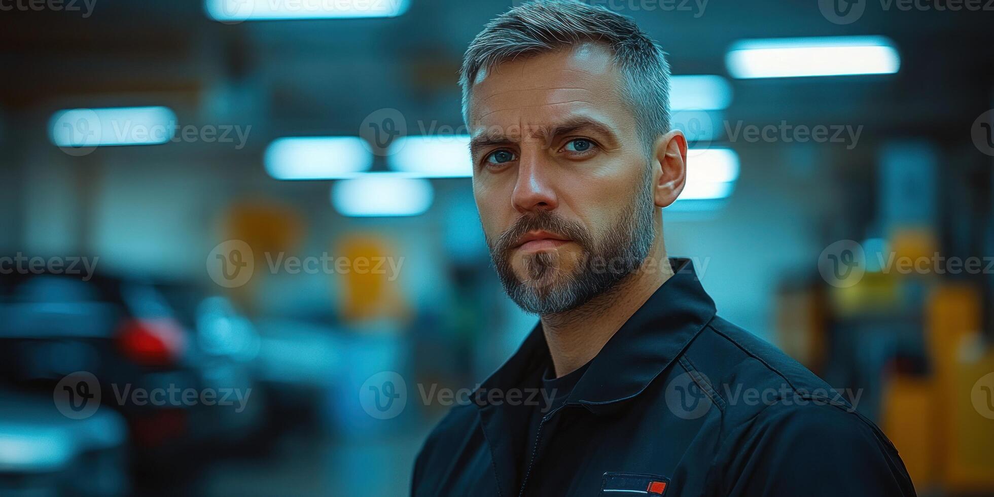 A mechanic in dark attire poses confidently in a busy garage at dusk photo