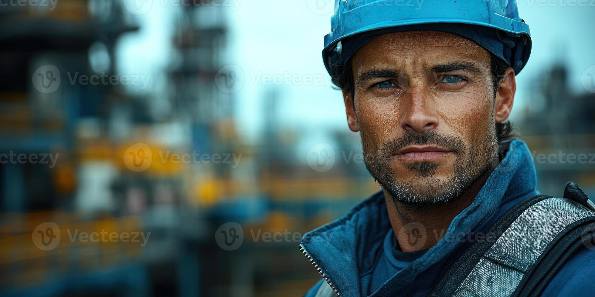 A focused worker in a hard hat looks directly at the camera amid an industrial backdrop photo