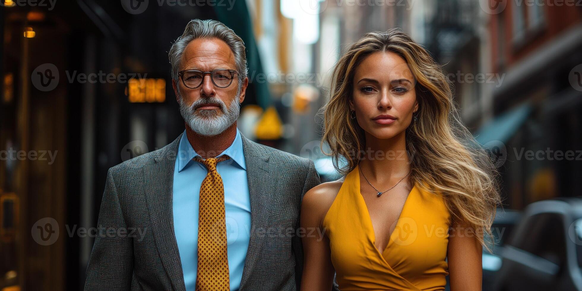 A fashionable couple strolls down a vibrant city street in the midday sun photo