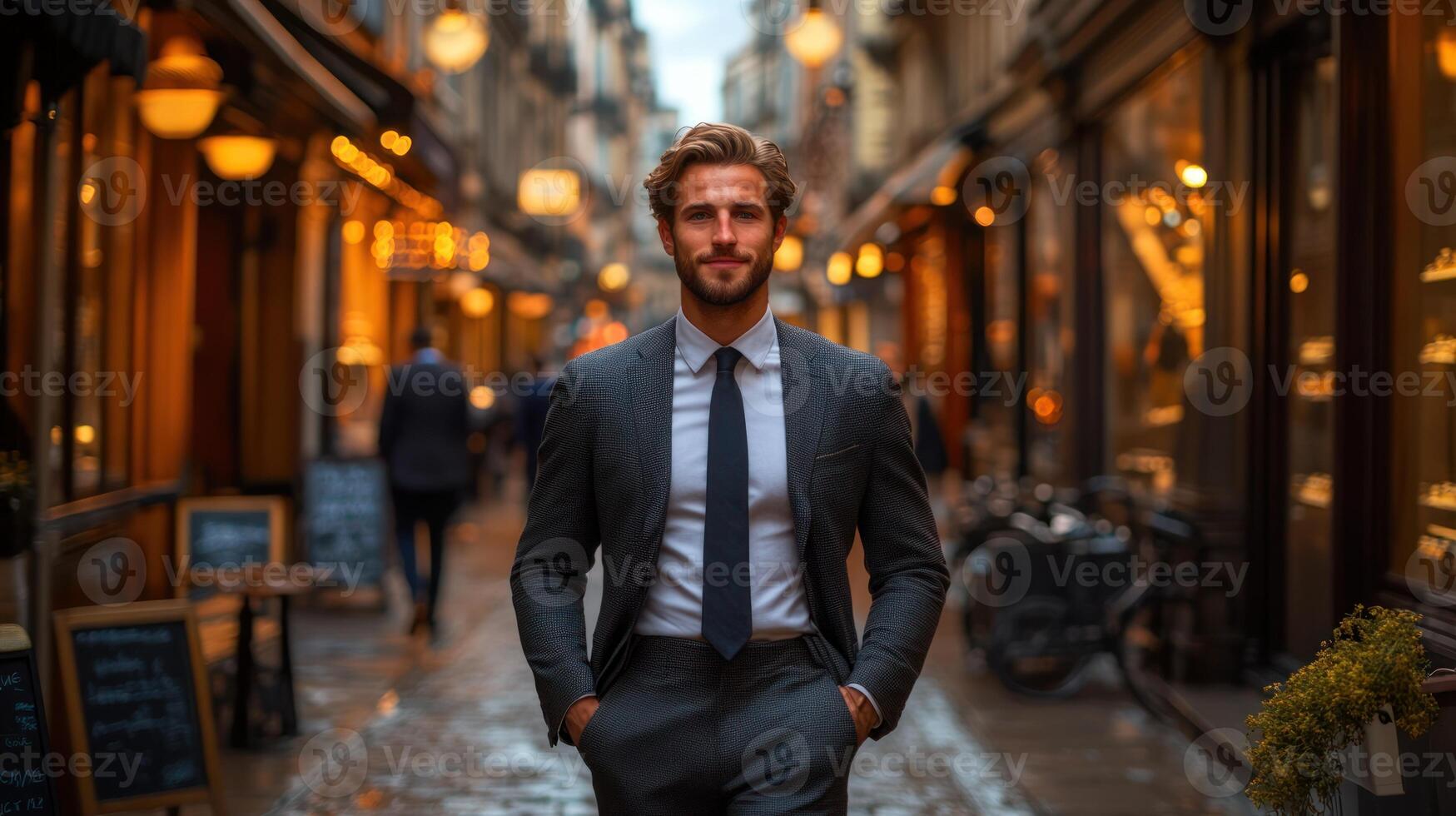 A man in a suit strolls through a lively alley illuminated by warm lights photo