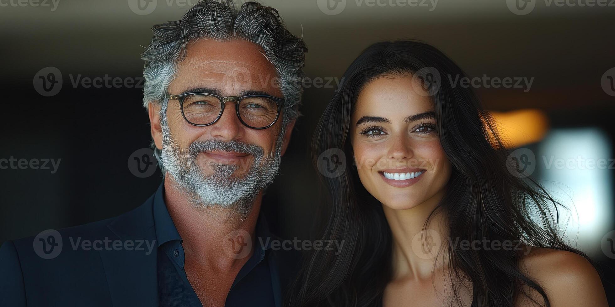 A man and woman share a joyful moment with bright smiles in a casual setting photo