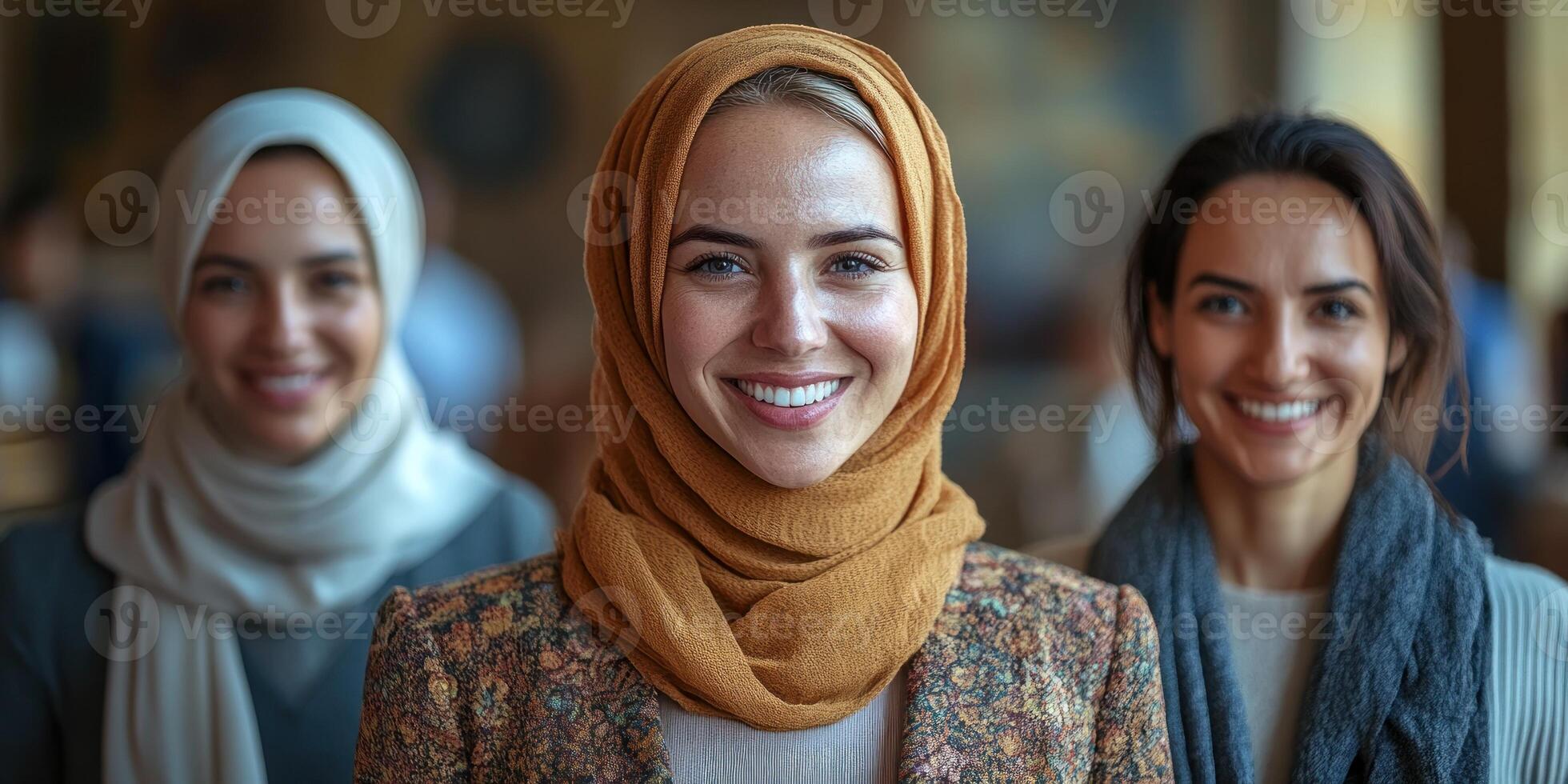 Three women pose happily in a cafe, showcasing their friendship and diverse styles photo
