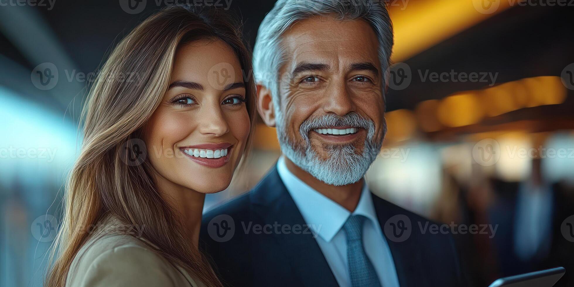 Two professionals joyfully interacting at a networking event, showcasing confidence and camaraderie photo