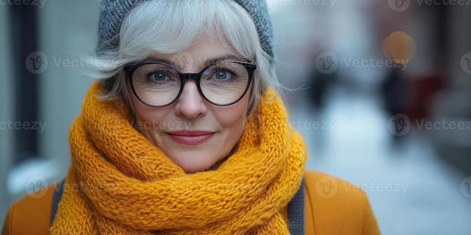 A stylish woman with gray hair enjoys a cold day in an urban environment photo