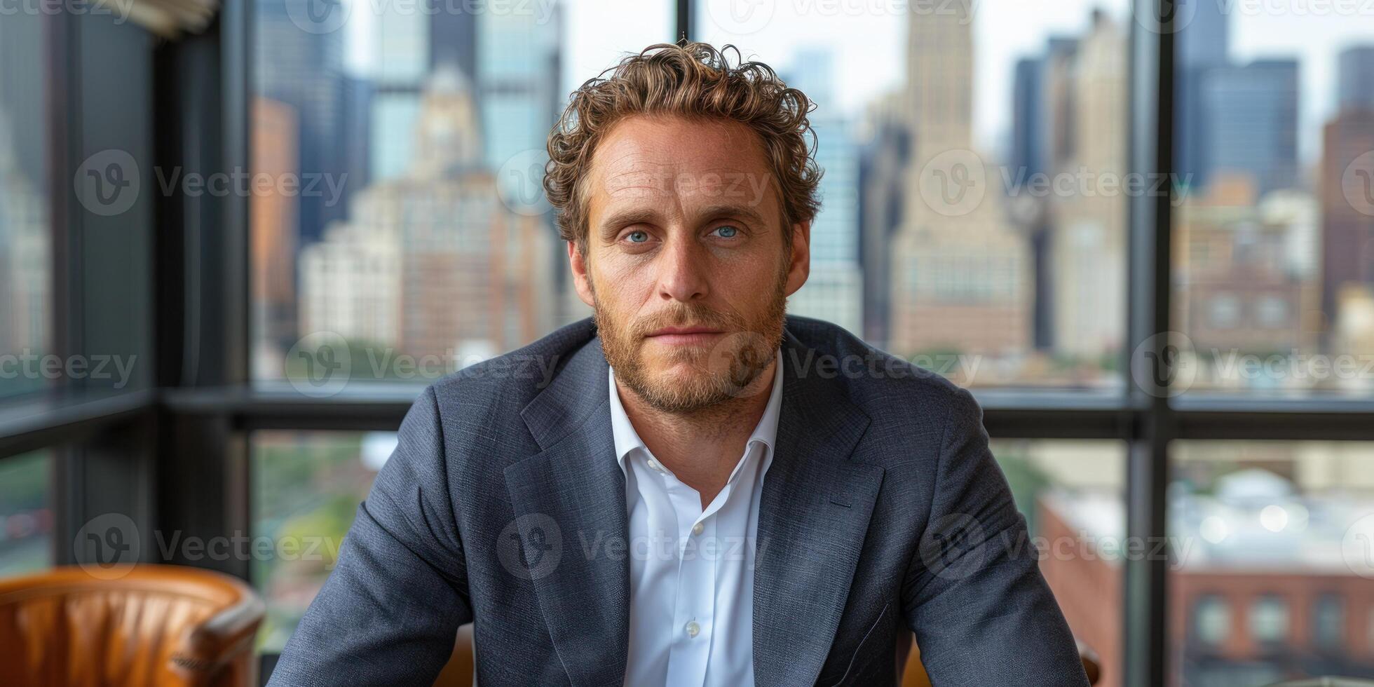 A professional man sits confidently at a desk overlooking a bustling cityscape photo