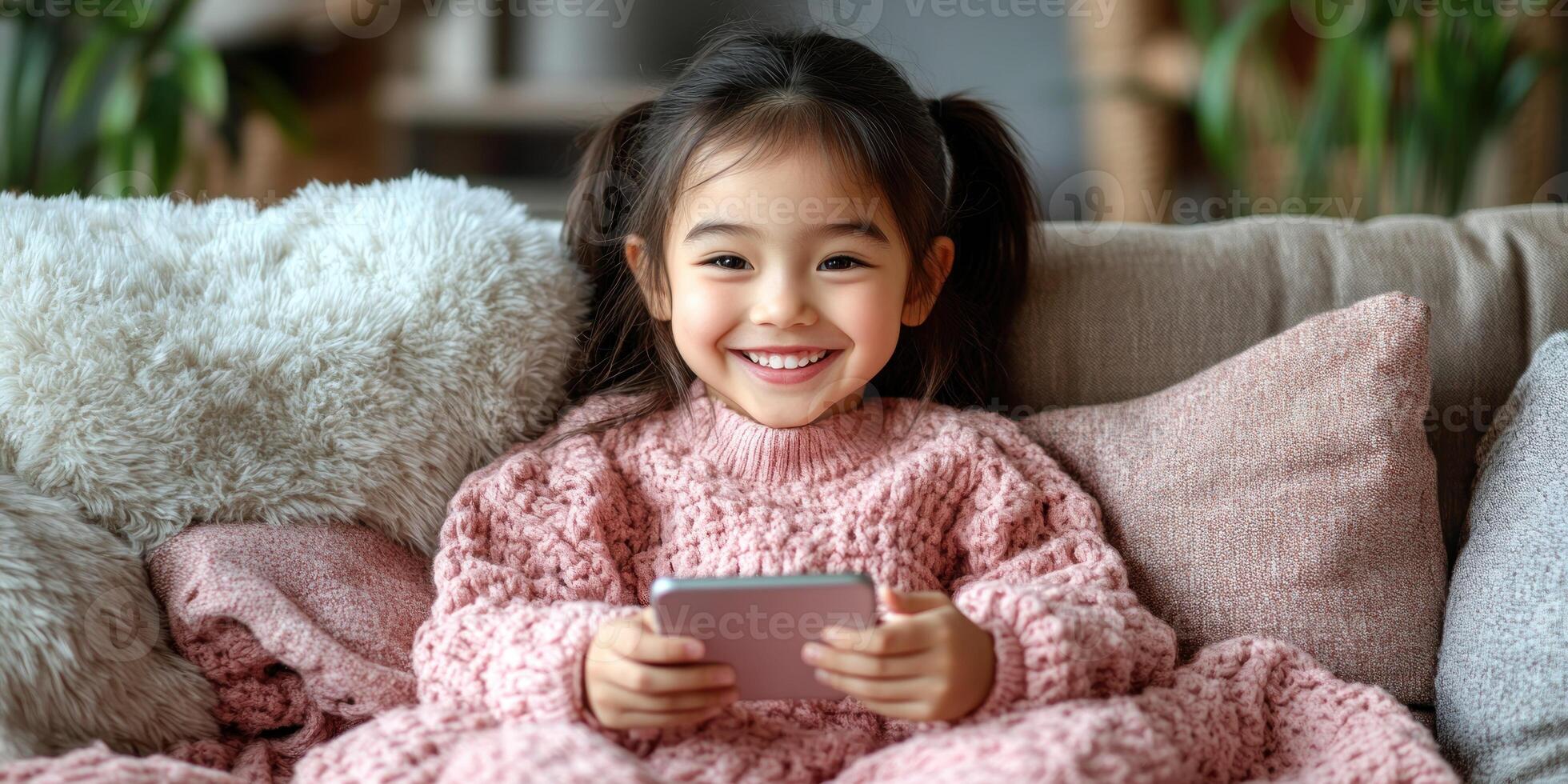 A cheerful child enjoys using a smartphone while snuggled in a cozy blanket photo
