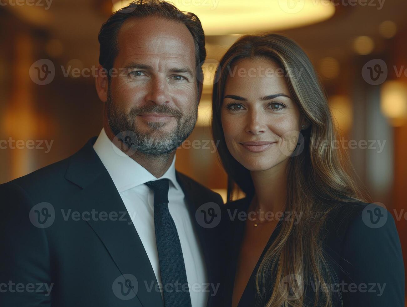 A well-dressed couple smiles while posing together at a luxurious hotel gathering photo