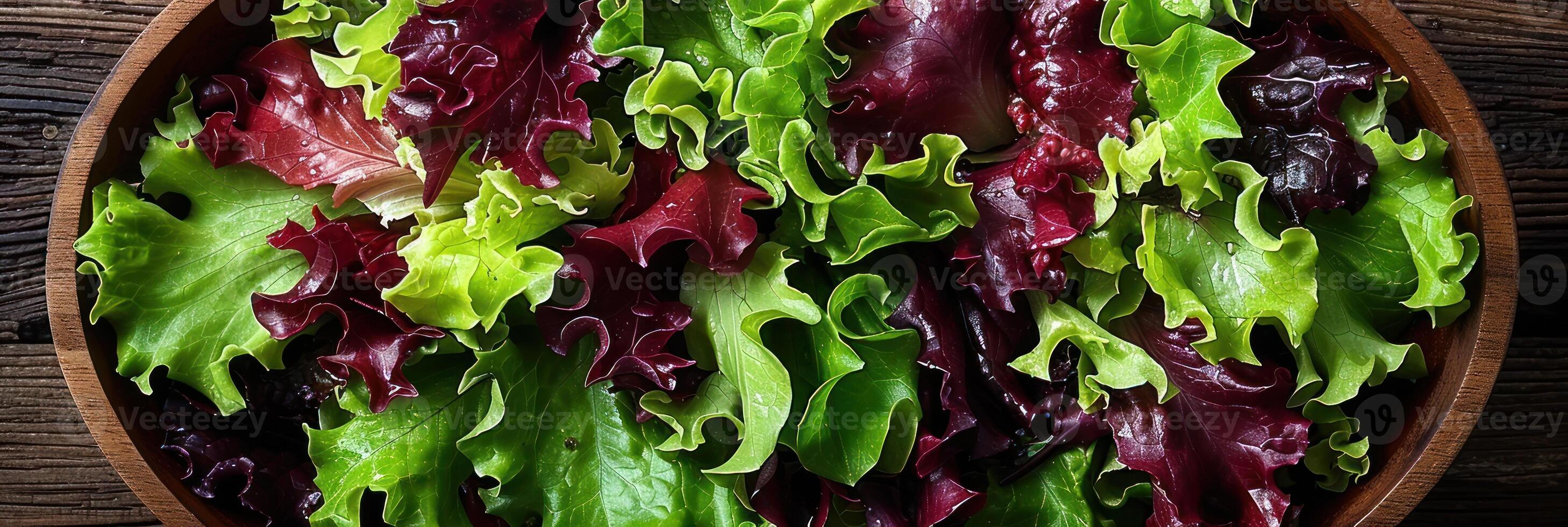 A bowl filled with vibrant green and red lettuce leaves captures the essence of freshness photo