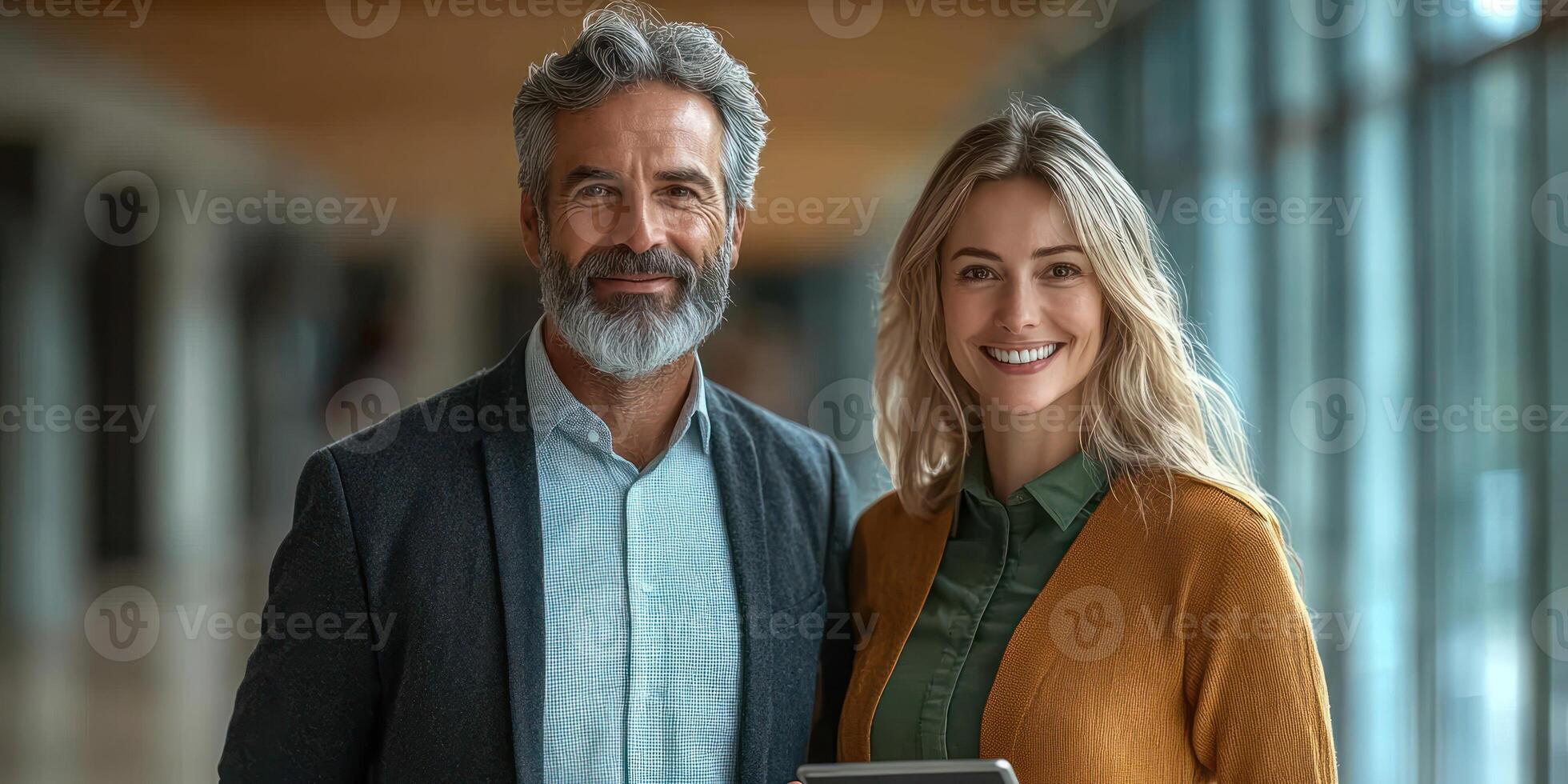 Two professionals smile for a portrait in a contemporary office environment photo