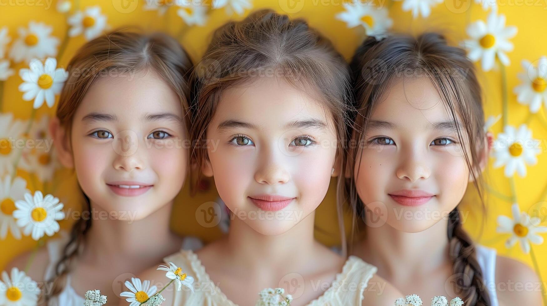 Three girls are smiling with daisies around them on a vibrant yellow backdrop photo