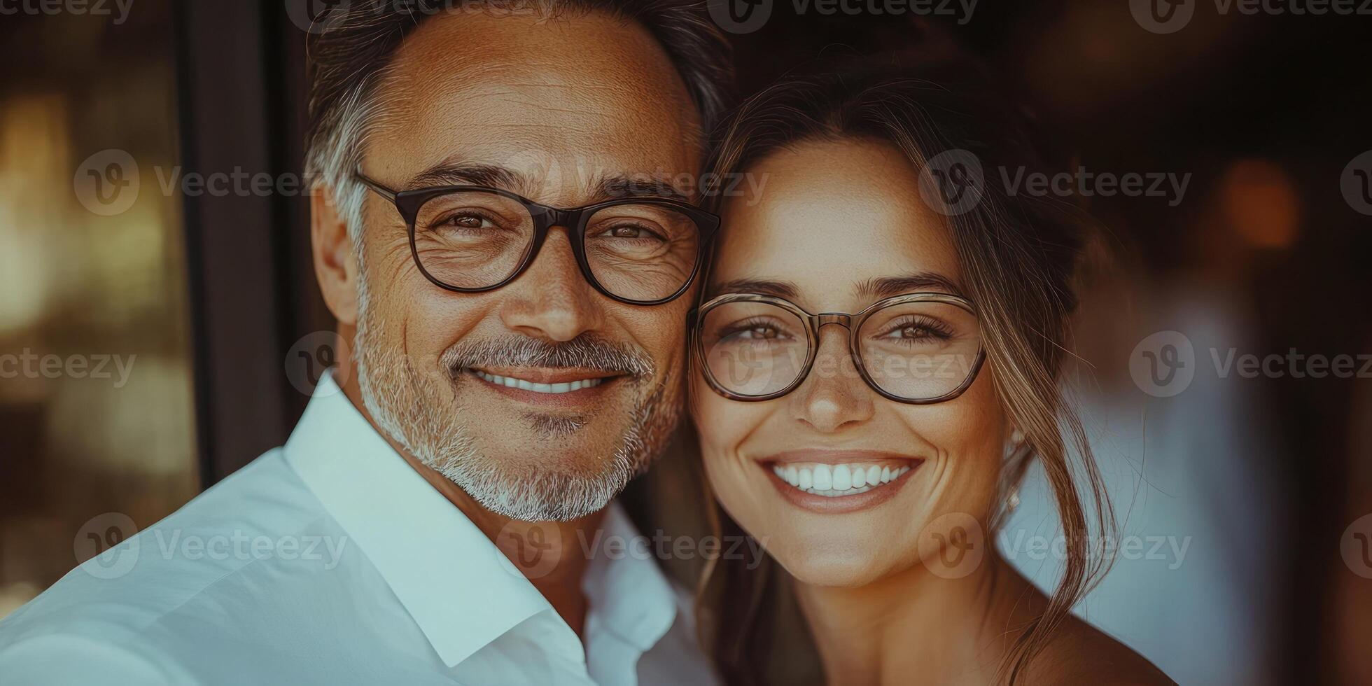 A couple enjoys each other's company, beaming with joy in a beautiful cafe setting photo