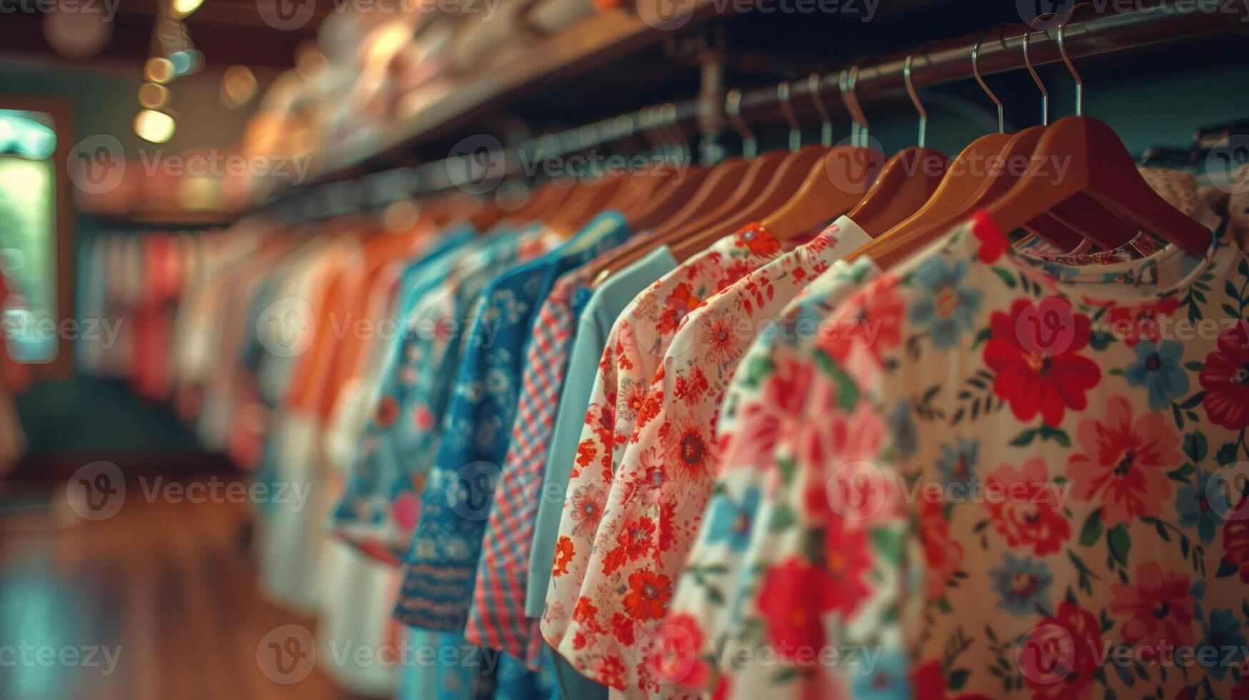 Floral shirts are neatly displayed in a boutique, showcasing vibrant colors and patterns photo