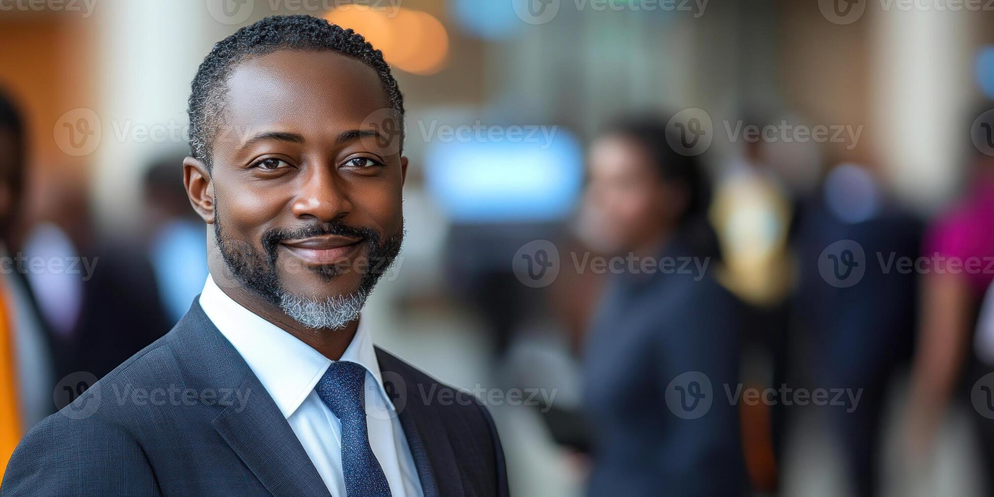A businessman smiles confidently while engaging in conversation at a corporate event photo