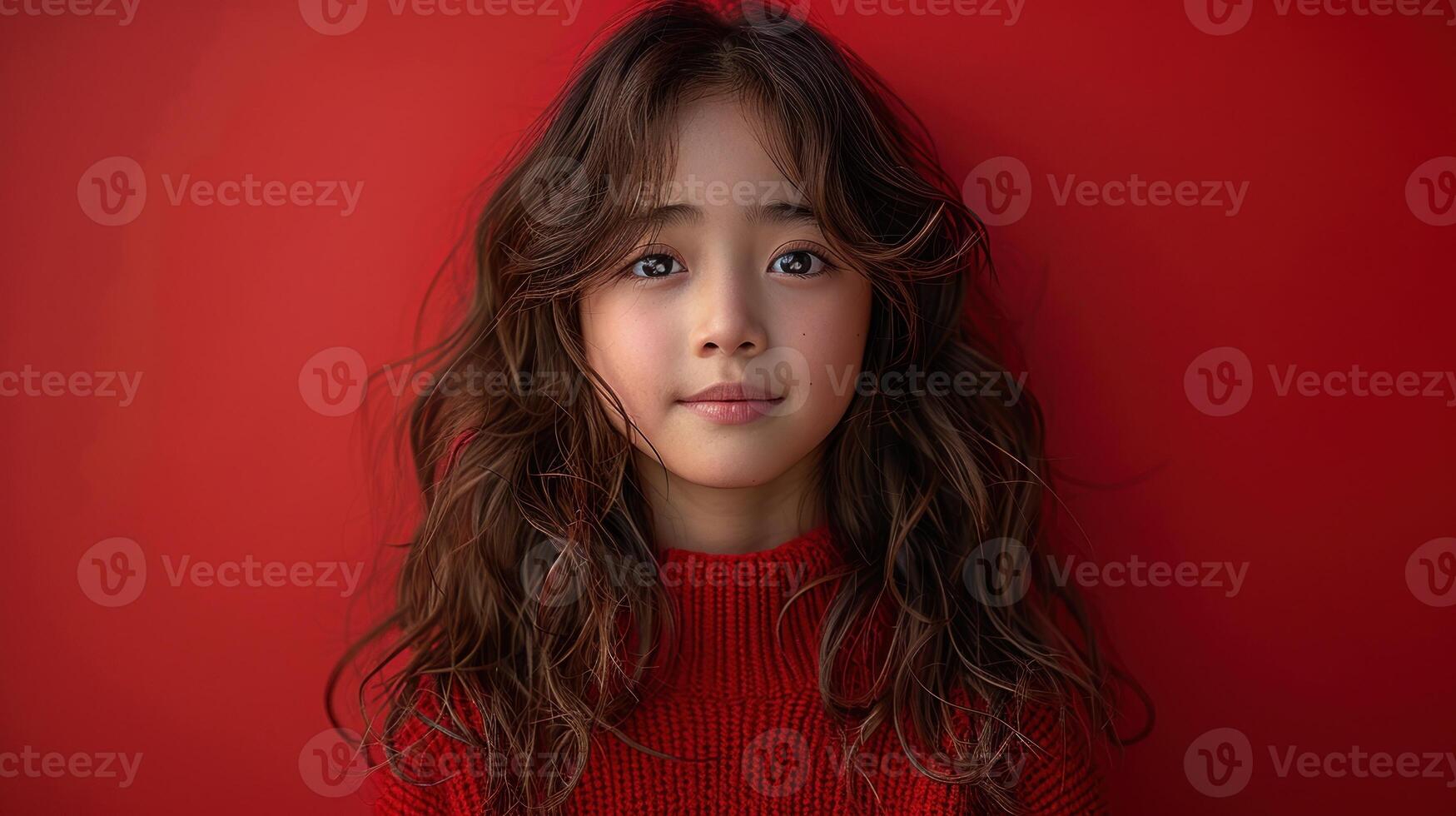 A young girl in a red sweater stands smiling against a bright red background photo