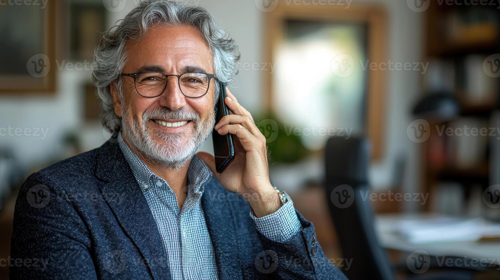 A joyful individual talks on the phone while seated in a stylish workspace photo