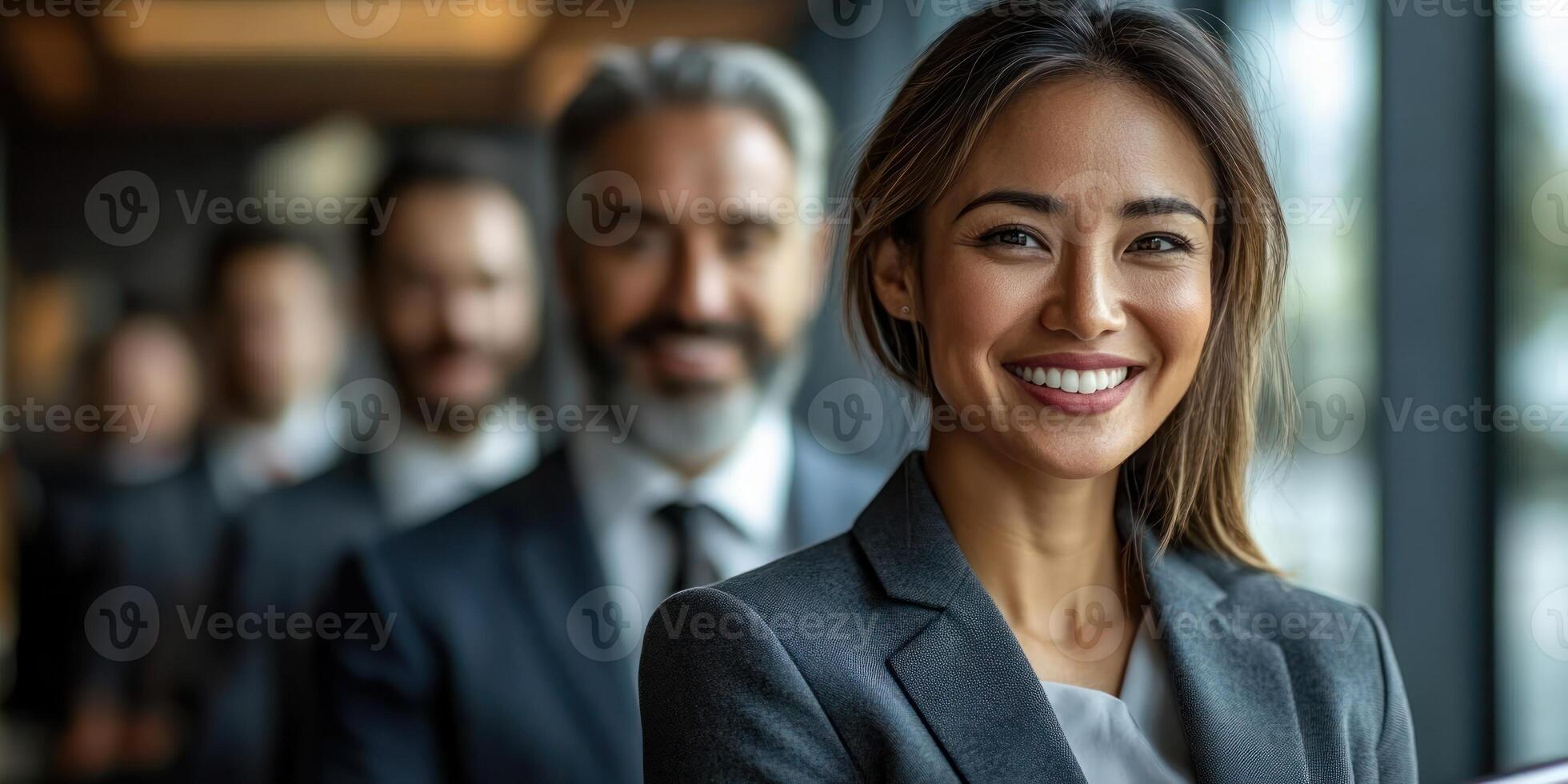 A diverse group of professionals smiling confidently in a well-lit office space photo