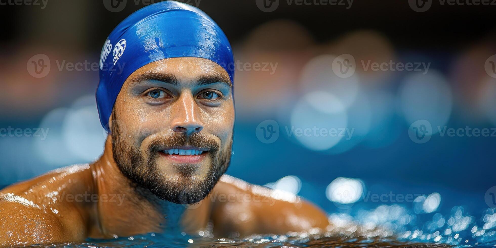 Swimmer relaxes in water, smiling brightly after completing a challenging training session photo