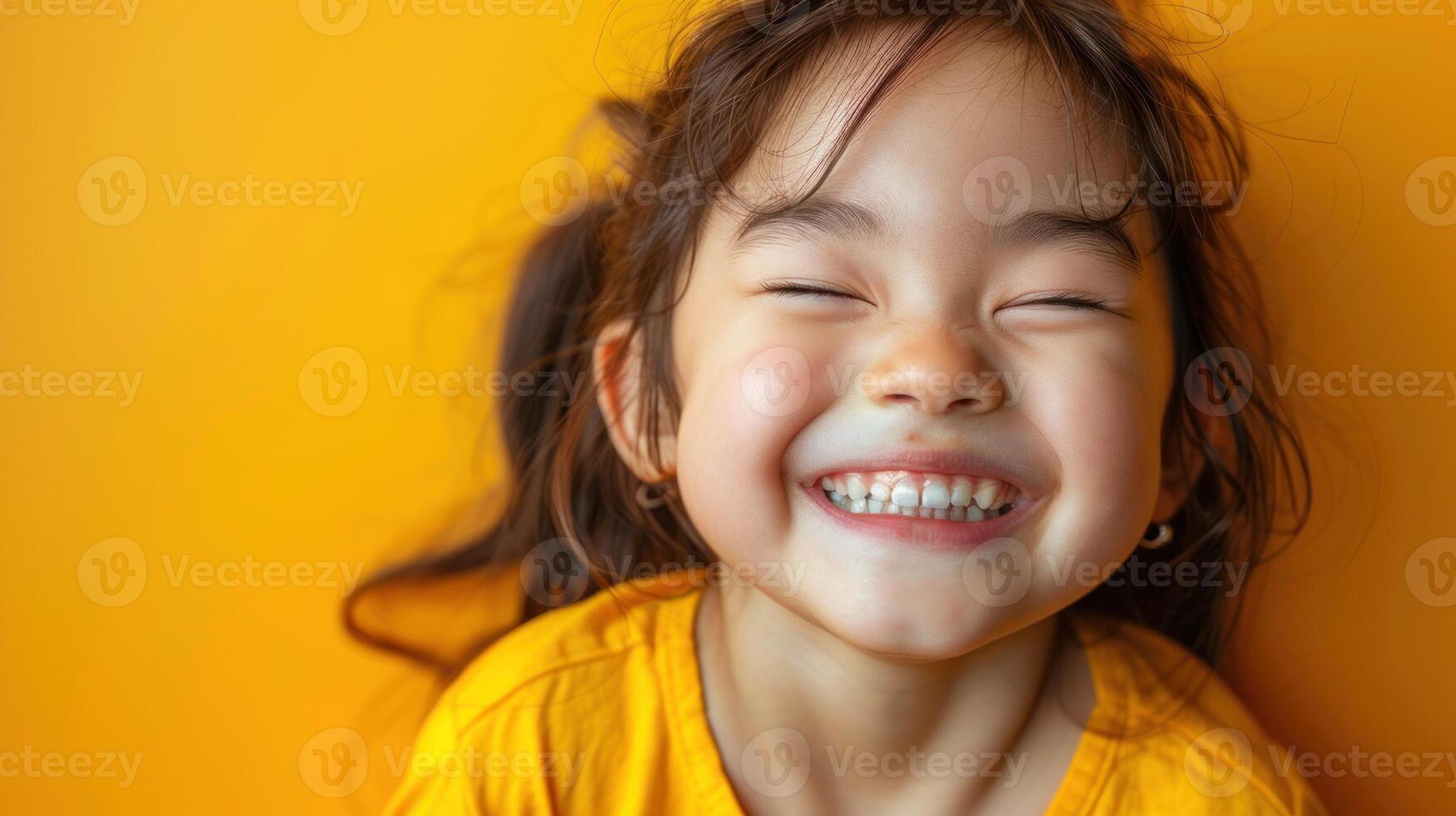 un alegre niña con un grande sonrisa disfruta el alegre amarillo fondo foto