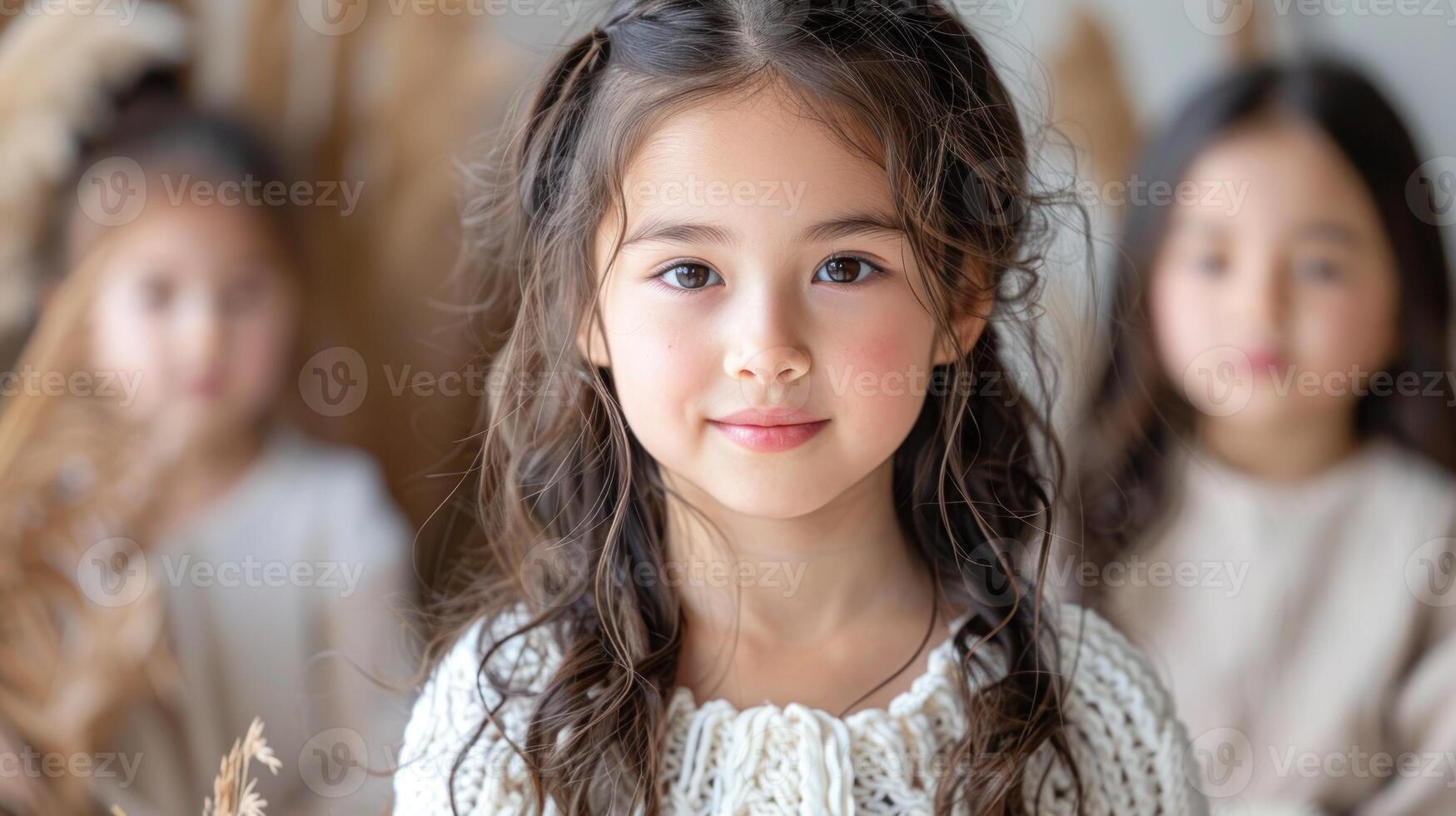 A young girl smiles warmly in a styled indoor setting with delicate decor photo