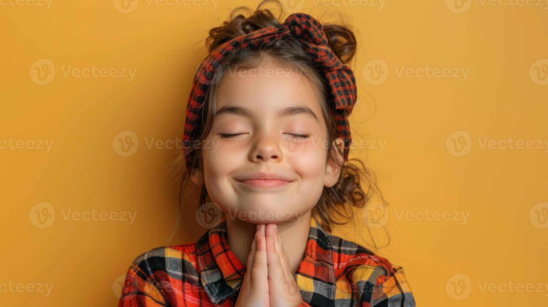 Girl smiles with eyes closed and hands together, radiating joy in a vibrant setting photo