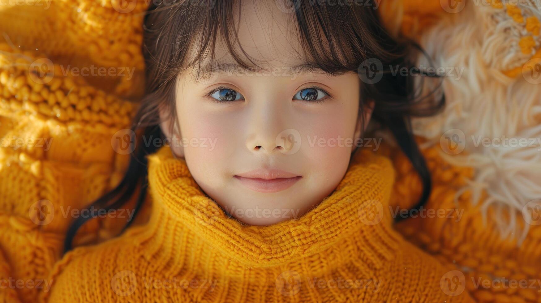 A child enjoys a moment of comfort on a warm blanket in cozy attire photo