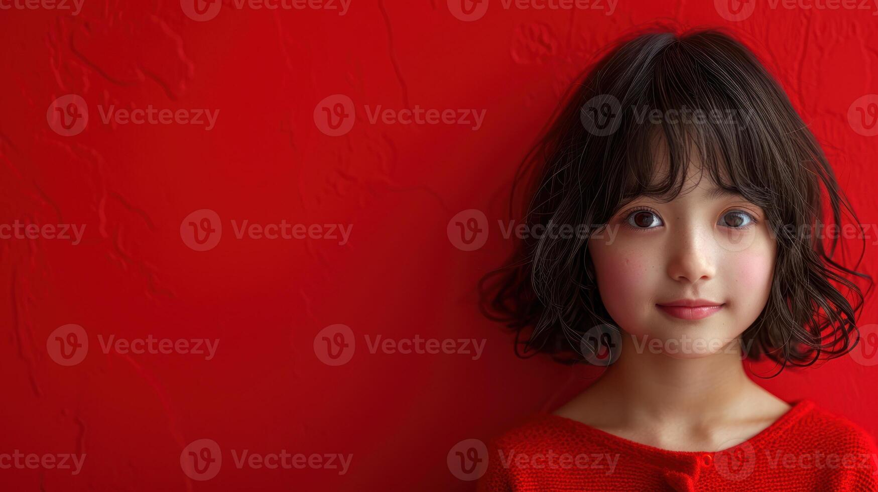 A young girl stands smiling in front of a vibrant red background photo