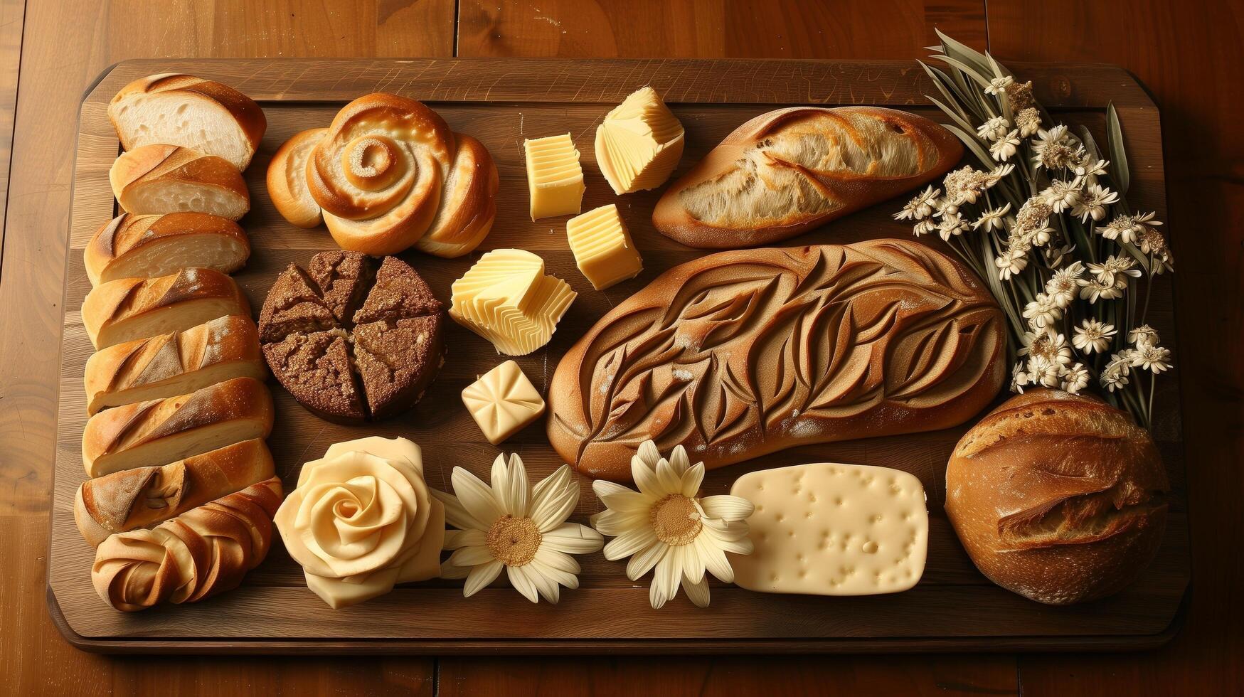 an artisanal bread and butter board with beautifully carved butter shapes and arranged breads, resembling a still life painting photo