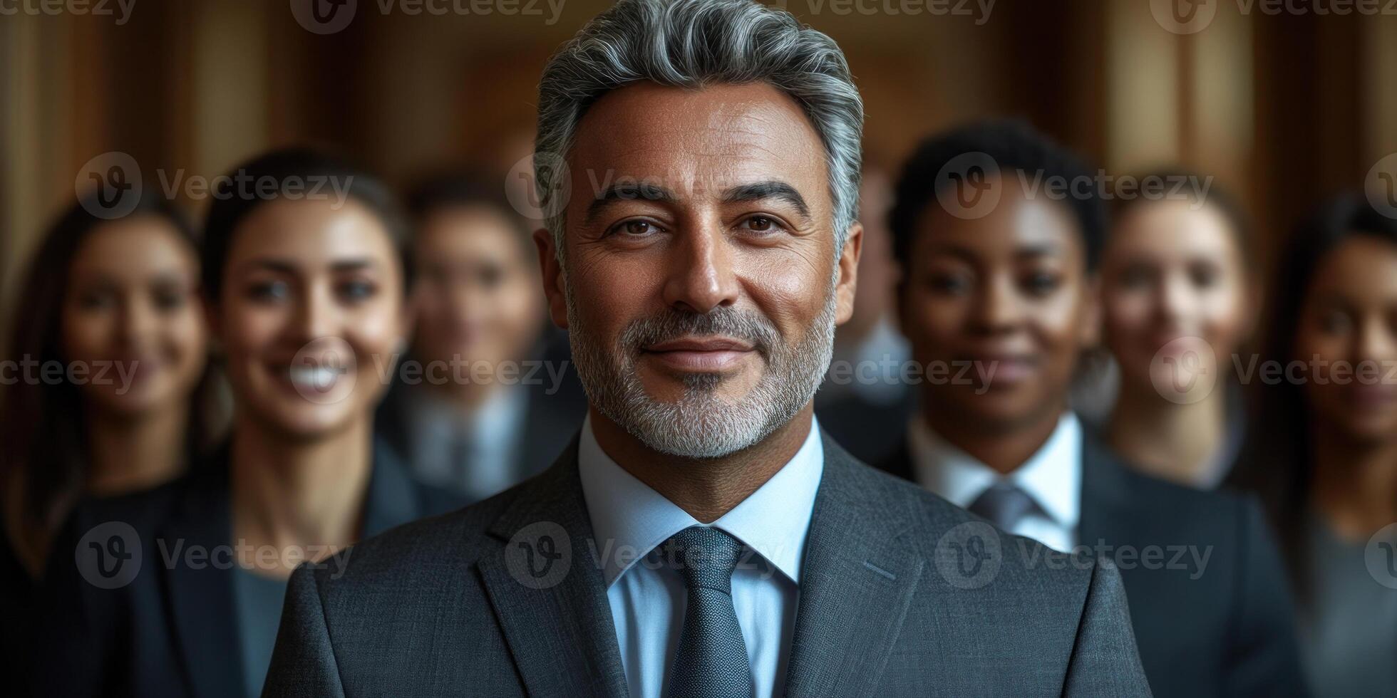 Group of professionals engaged in a confident, collaborative atmosphere at a corporate meeting photo