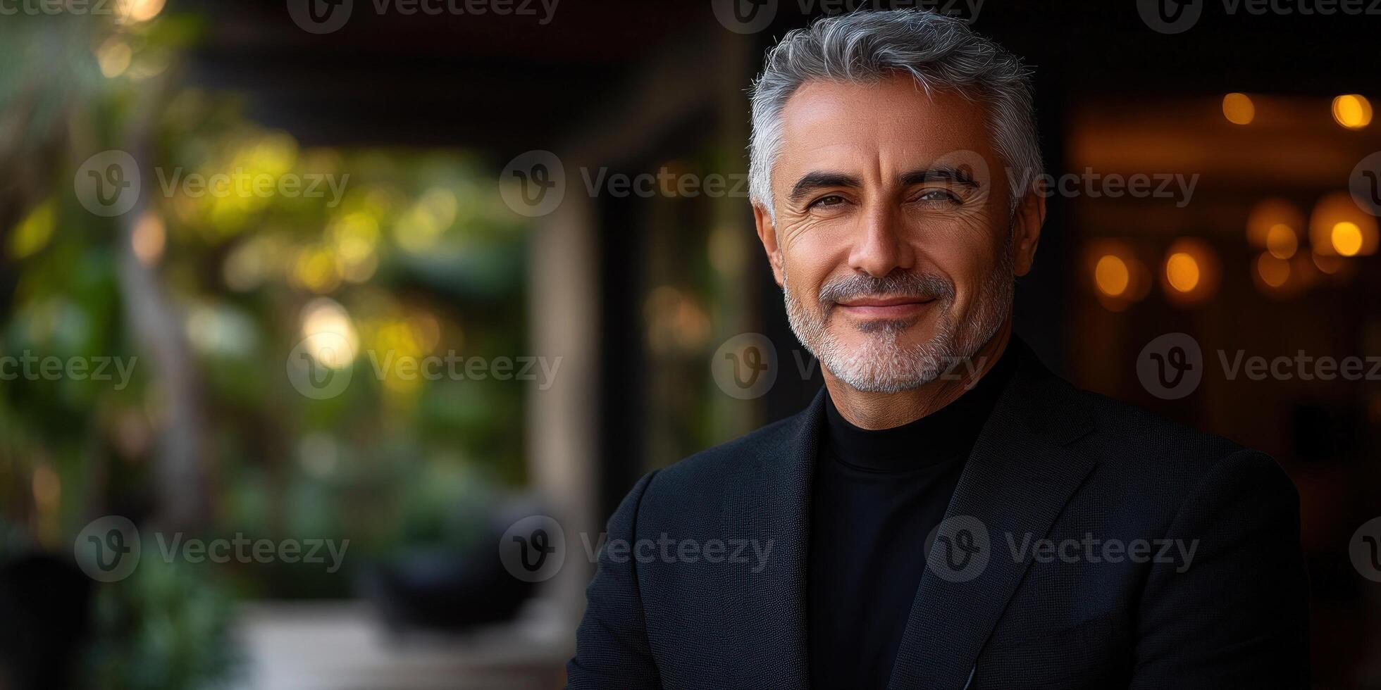 A well-dressed man smiles warmly while standing outdoors surrounded by lush greenery photo