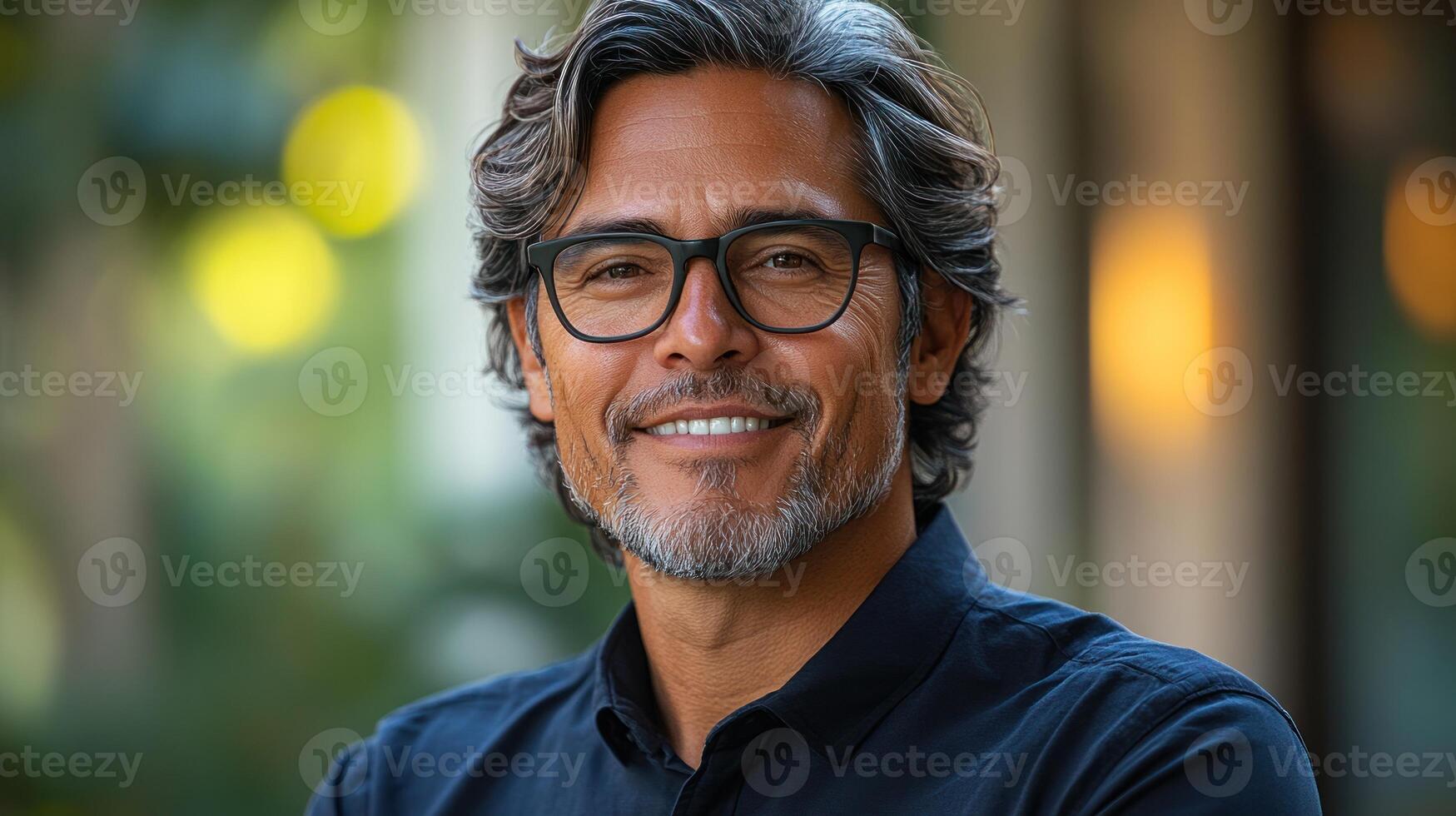 A man with glasses smiles warmly, surrounded by greenery on a sunny day photo