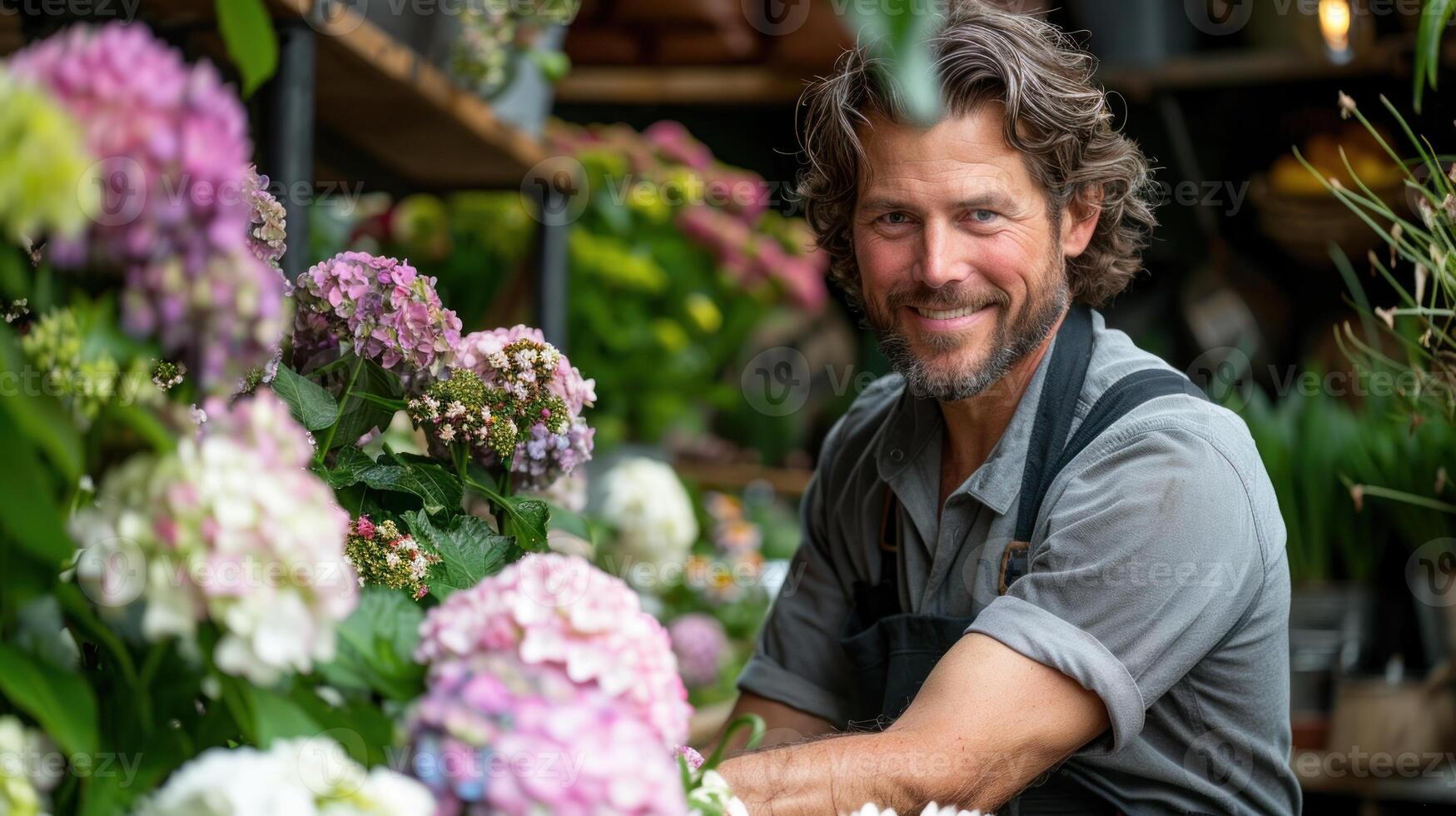 A florist smiles while arranging hydrangeas in a bustling flower shop photo