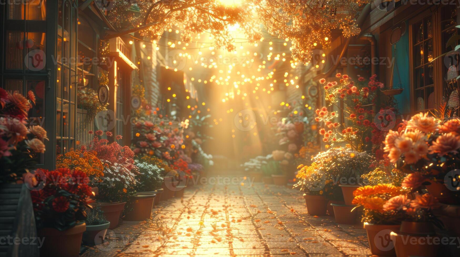 A vibrant alley filled with blooming flowers glows under warm, golden sunlight photo