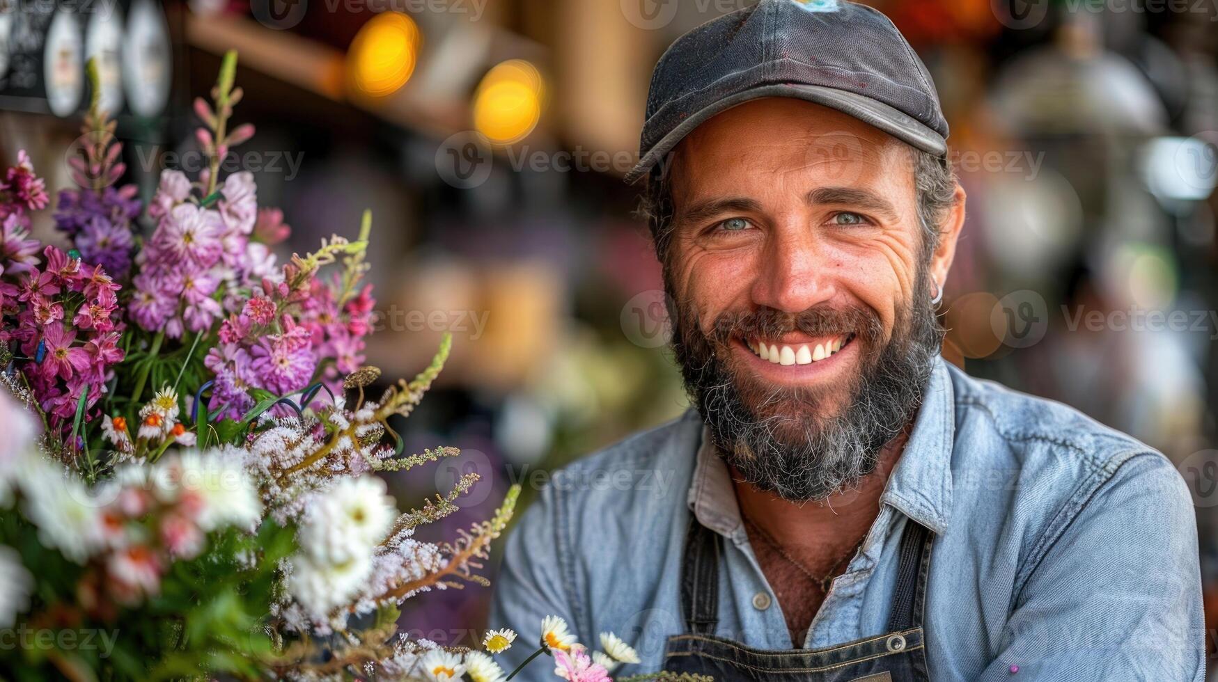 A florist happily creates beautiful flower arrangements in a bustling shop photo