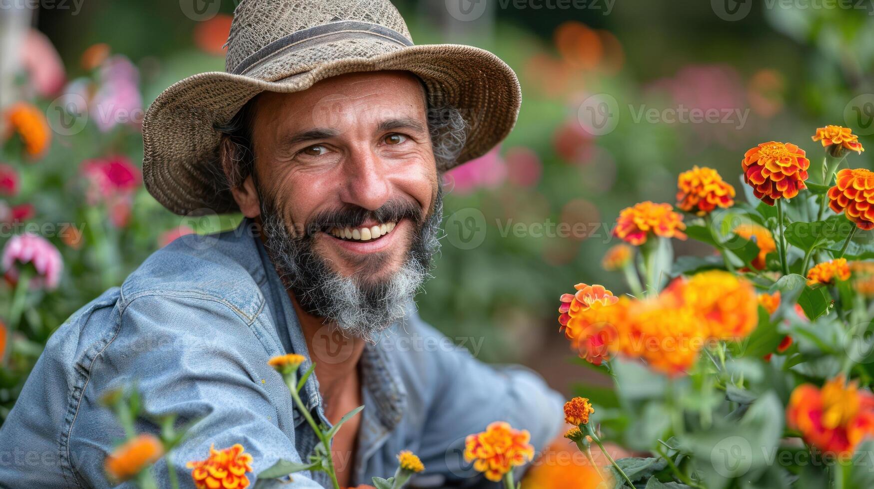 A gardener smiles warmly while surrounded by colorful flowers in full bloom photo