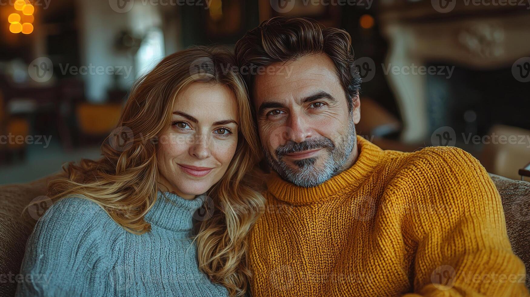 A couple enjoys each other's company while wearing comfortable sweaters indoors photo