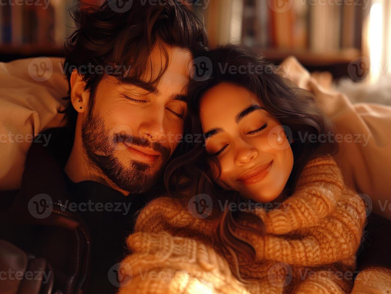 A couple relaxes together, enjoying a warm moment in a cozy, book-filled environment photo
